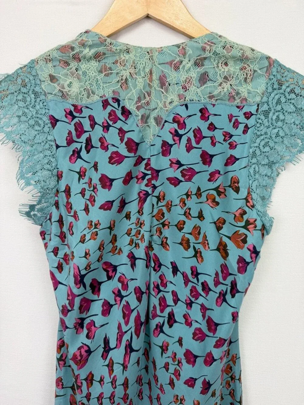 Sundance 100% Silk Lace Cap Sleeve Floral Slip Dress Teal Pink Size 10